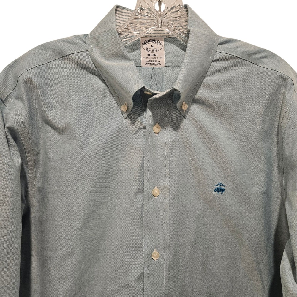 Brooks Brothers Dress Shirt Mens Med Lt Teal Regent Non-Iron Supima Cotton Logo